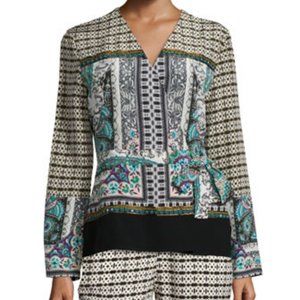 ETRO Long-Sleeve Multi-Print Wrap Blouse, Green, Size 42, 100% Silk, Hand Beaded